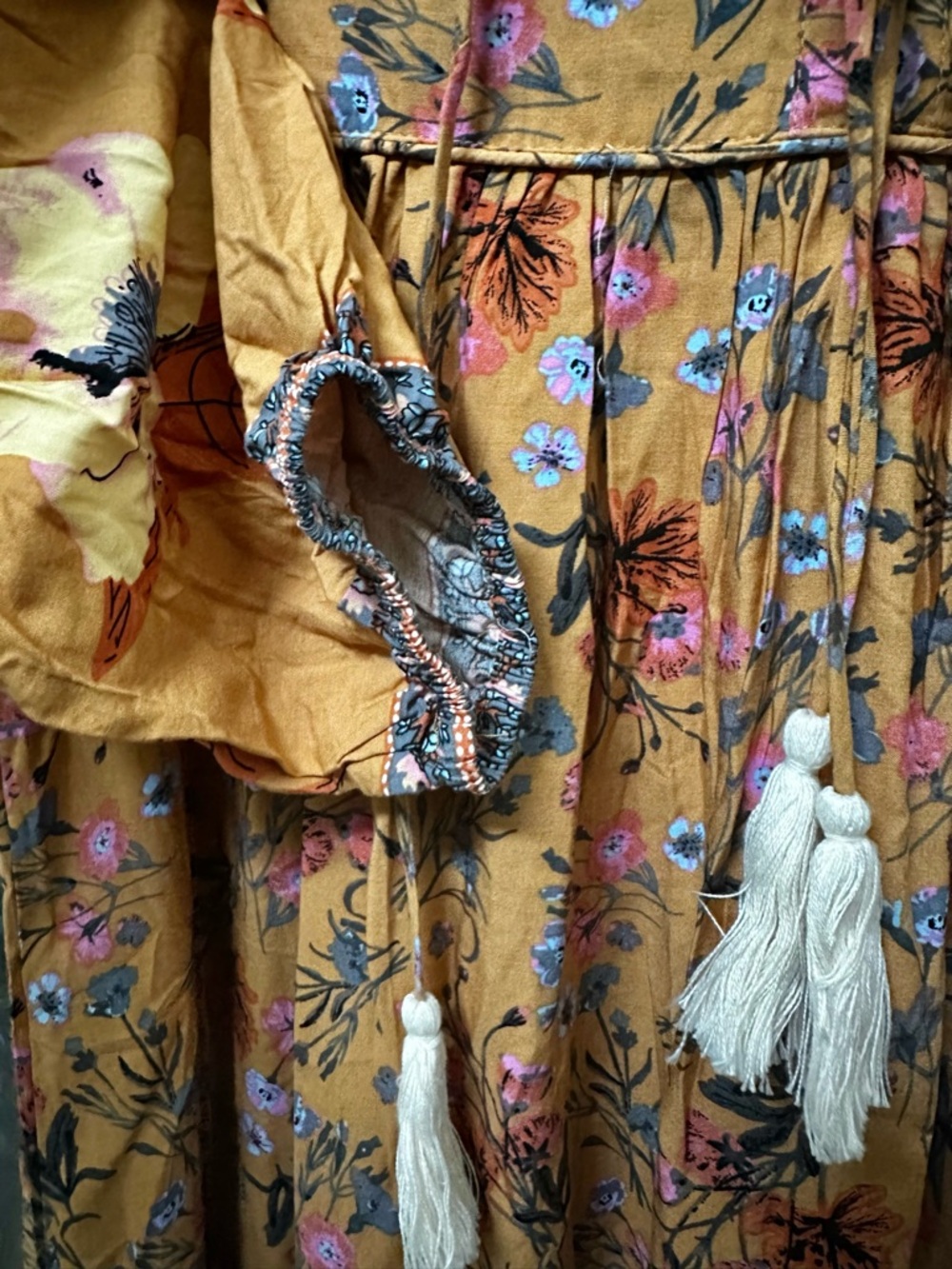 Mustard Floral Maxi Dress Boho Tiered V-Neck Long Balloon Sleeve Tassel Tie - Picture 3 of 10